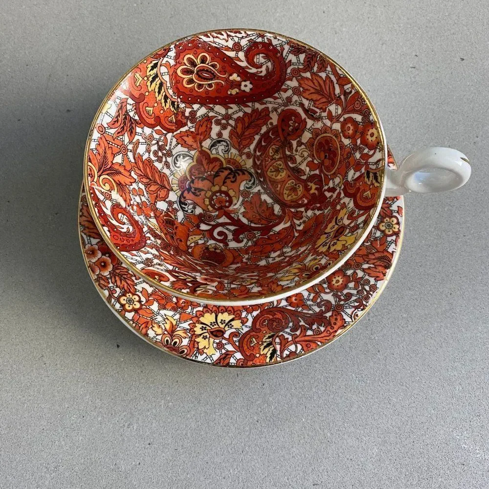 Vintage Radford Orange Paisley Bone China Teacup & Saucer Set England 1938–1957